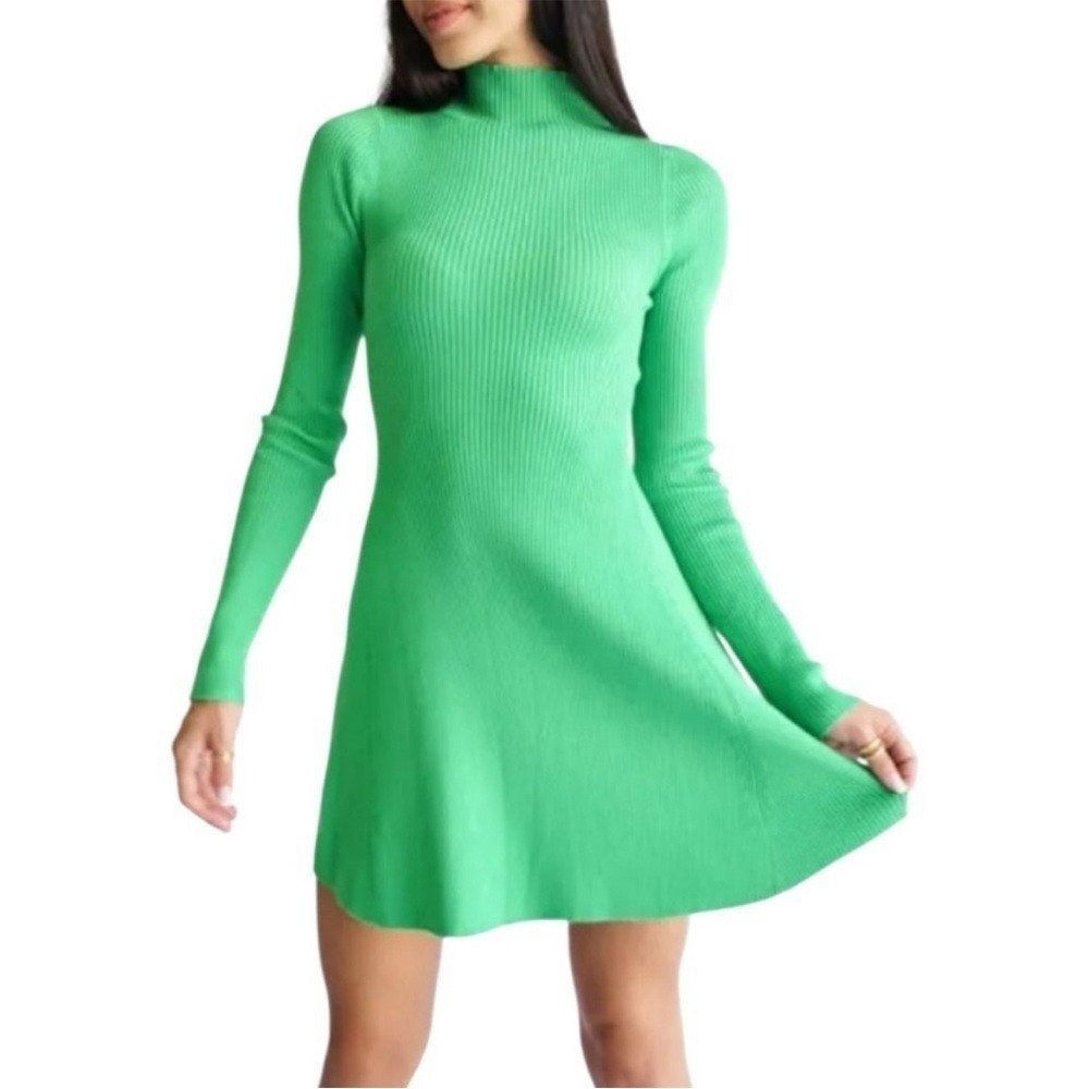 Yllw Long Sleeve Ribbed Fit & Flare Sweater Dress Skater Dress Green Size Small
